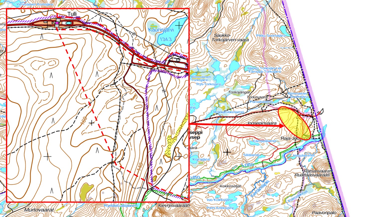 Kártágovva, mas rádjeavádaga ođđa linnjá lea guovllus Anára gielda, Ráji-Jovsset, rádjerasttildanbáikki máttabealli.