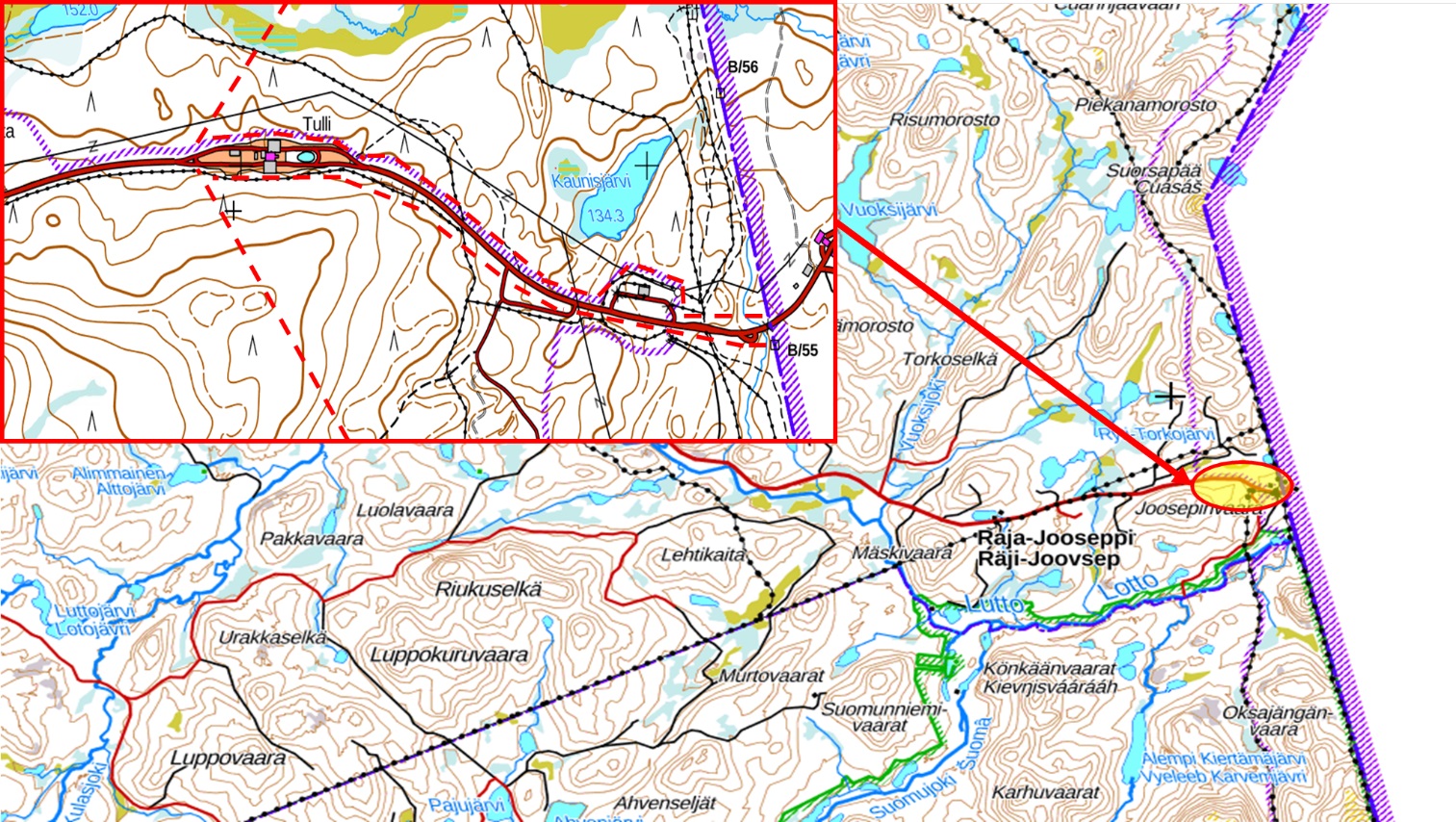 Karttakuva, jossa on rajavyöhykkeen uusi linja Inarin kunnassa Raja-Joosepin rajanylityspaikan alueella.