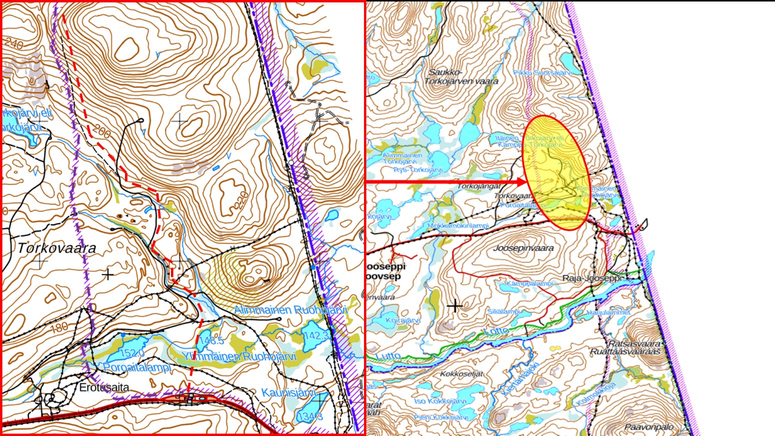 Karttakuva, jossa on rajavyöhykkeen uusi linja Inarin kunnassa alueella Torkovaaran pohjoispuoli.