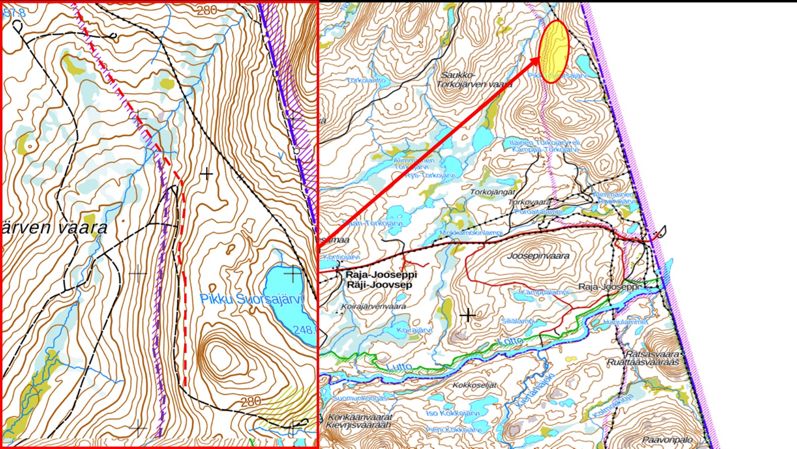 Kártágovva, mas rádjeavádaga ođđa linnjá lea guovllus Anára gielda, Pikku Suorsajärvi oarjebealli.