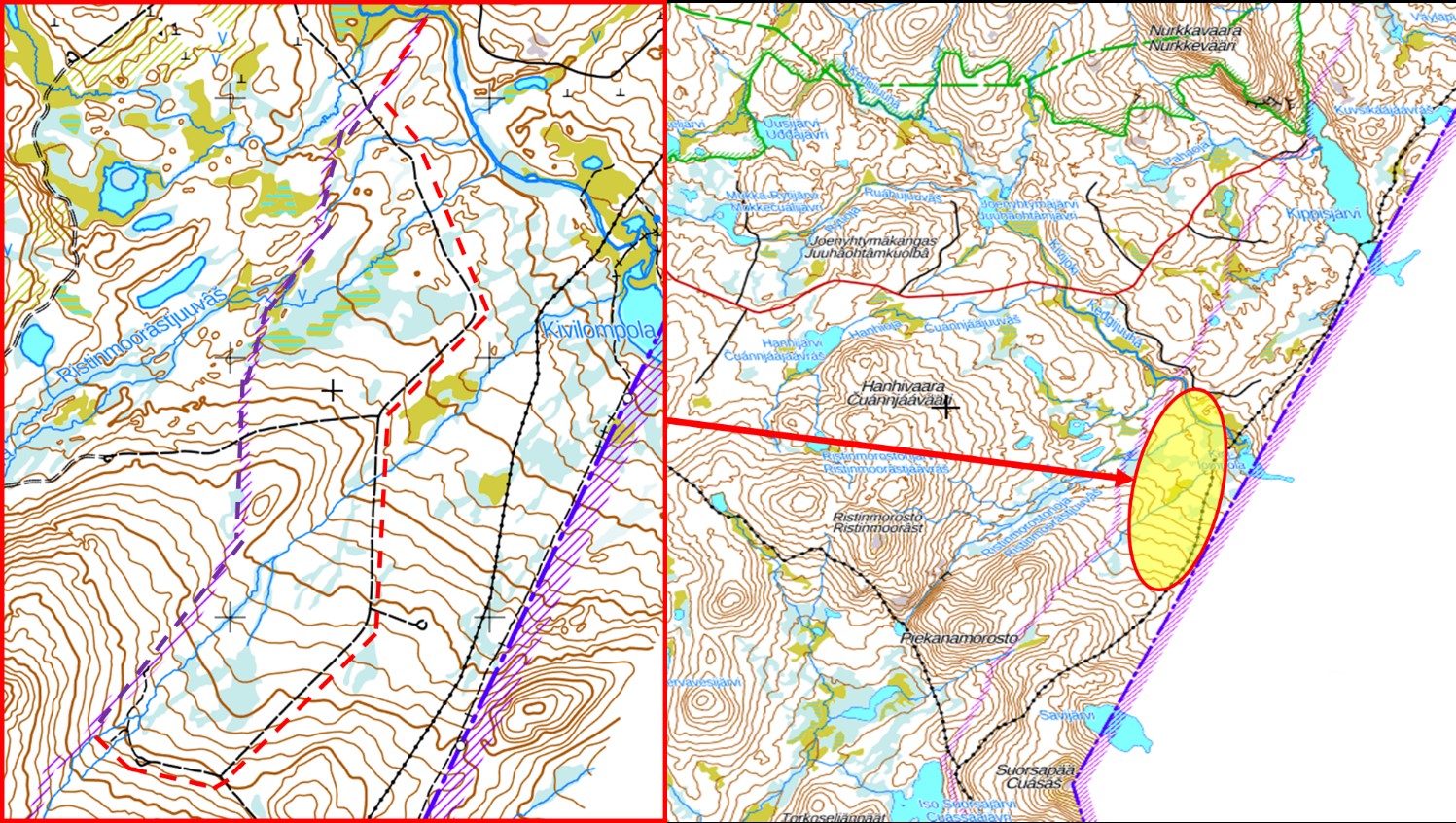 Karttakuva, jossa on rajavyöhykkeen uusi linja Inarin kunnan alueella Kivilompolan länsipuoli.