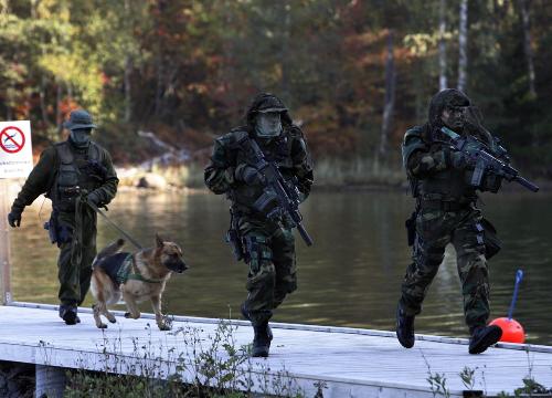 Three men of the special intervention unit are advancing and running on a pier. Two men in the front are equipped with assault rifles and camouflaged field uniforms. The man in the back is holding a dog in a leash.