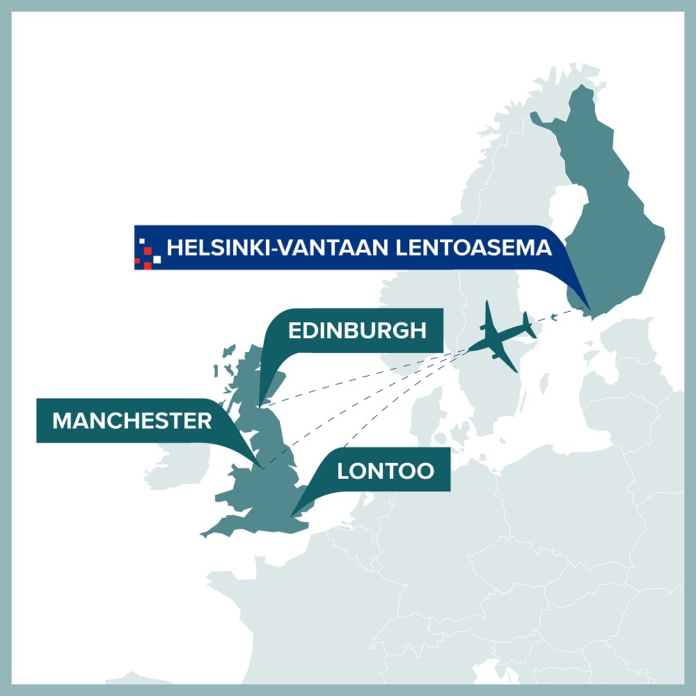 Kartalla HKI-Vantaa-lentoasema, Lontoo, Edinburgh ja Manchester.