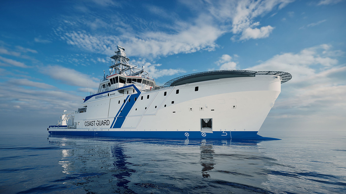 An illustration of the new offshore patrol vessel at sea.