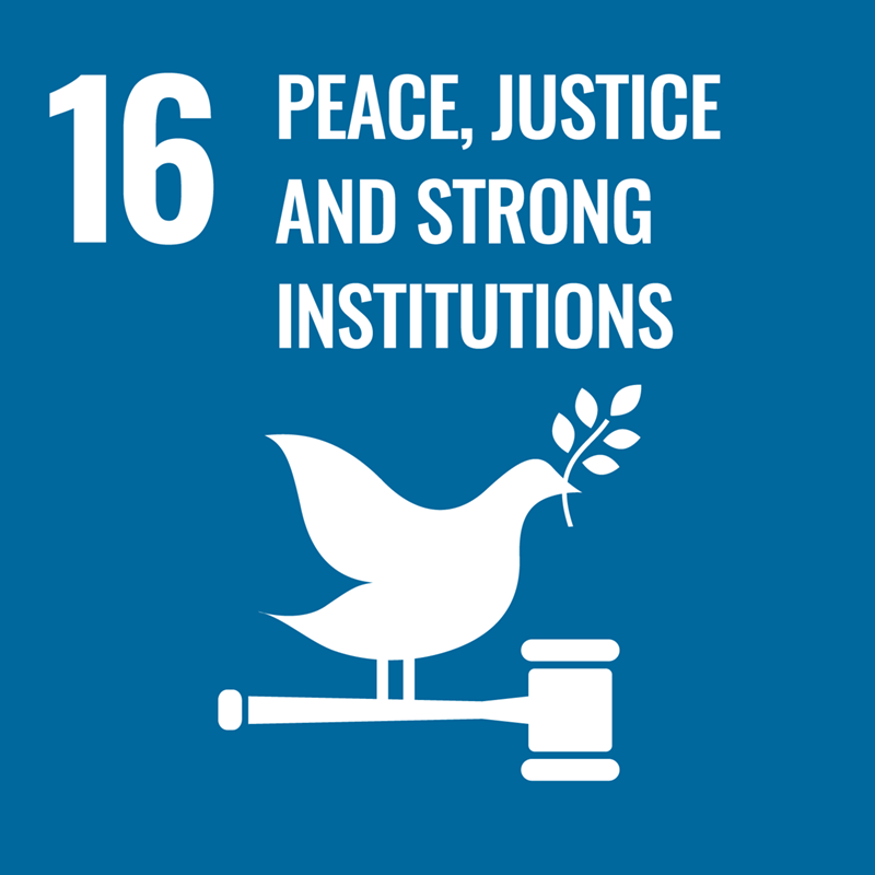 Graphic illustration for goal 16: Peace, justice and strong institutions. Picture of a bird standing on a judge hammer with a branch in it’s beak. 