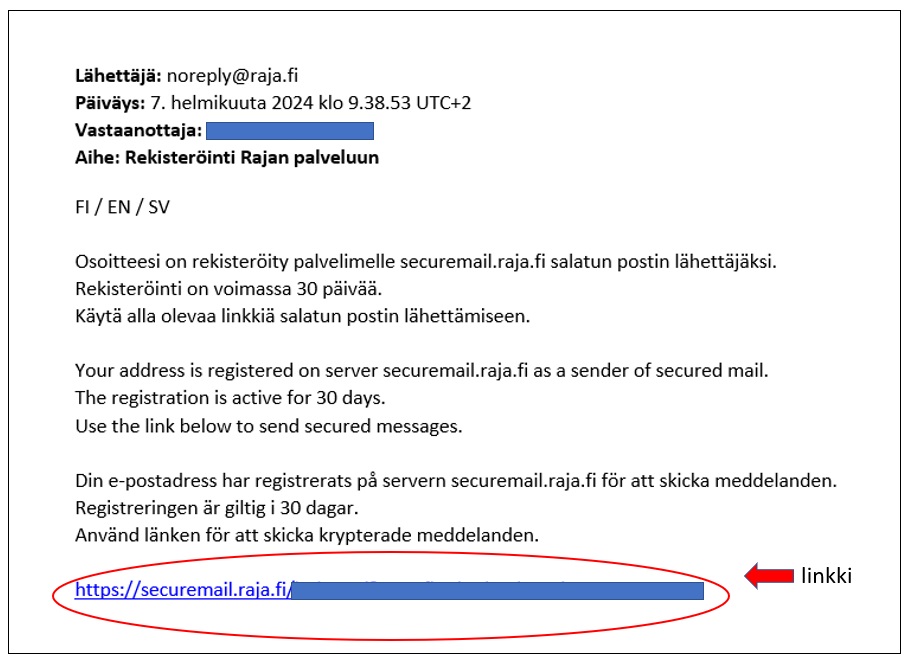 Sähköpostiviesti osoitteen rekisteröitymisestä. Sisältö suomeksi, ruotsiksi ja englanniksi.