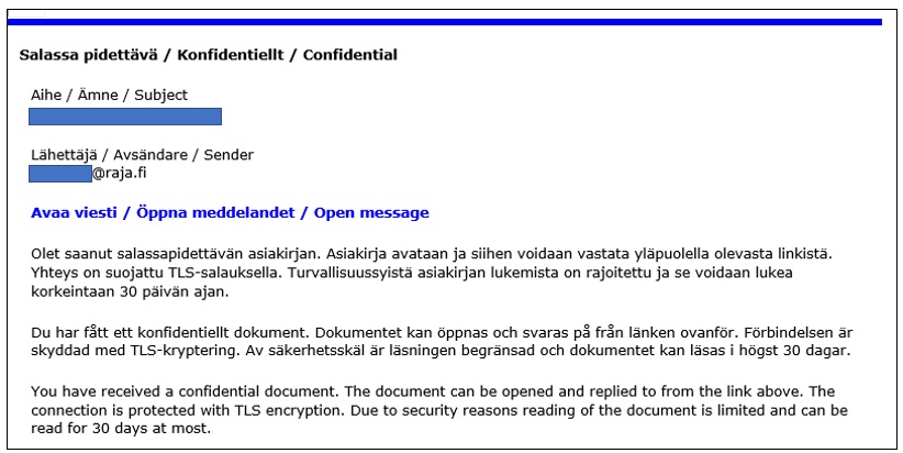 Salassa pidettävä -viesti. Sisältö suomeksi, ruotsiksi ja englanniksi.