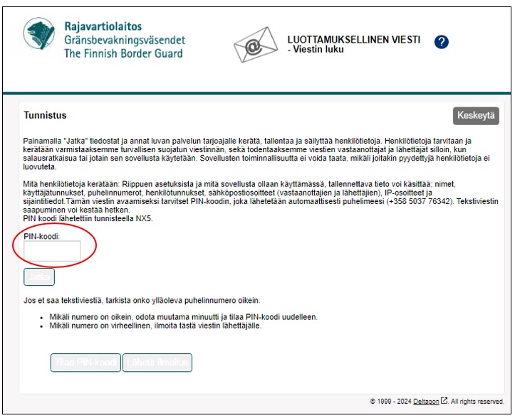 Identification page with a PIN code field.