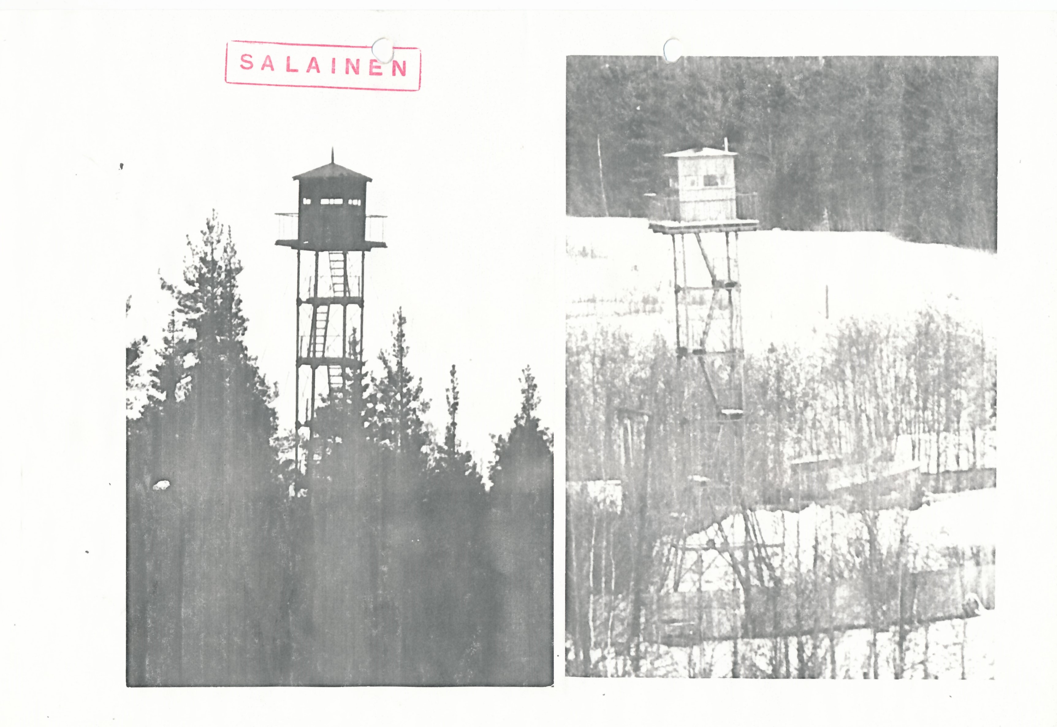 Two black-and-white photographs of Soviet observation towers. The stamp in the upper-left corner of the image marks it as confidential.