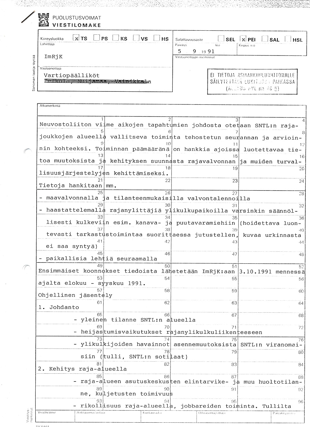 Southeast Finland Border Guard District command sheet from August 1991.