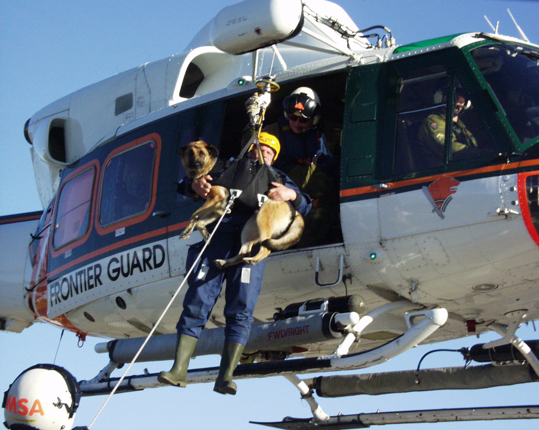 A winch is being used to lower a border guard dog out of a helicopter by its harness. The dog is also attached to its trainer by the harness.