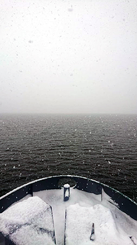 Vårligt snöfall på havet. Utsikt från patrullbåtens stäv.