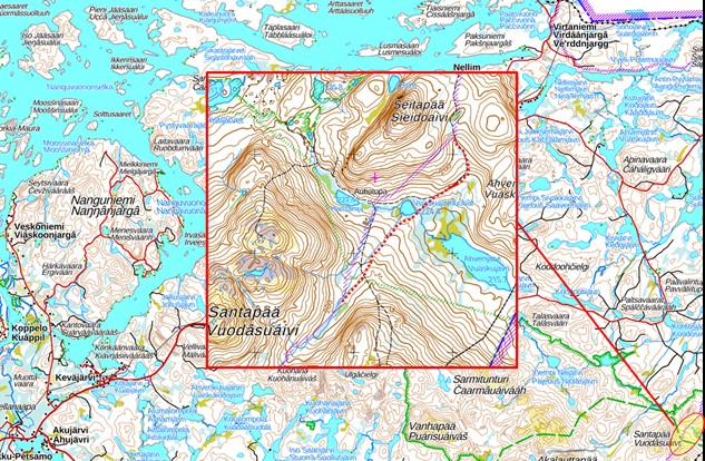 Kartbild, där gränszonens nya linje finns på området Enare kommun, Santapää - Seitapää.