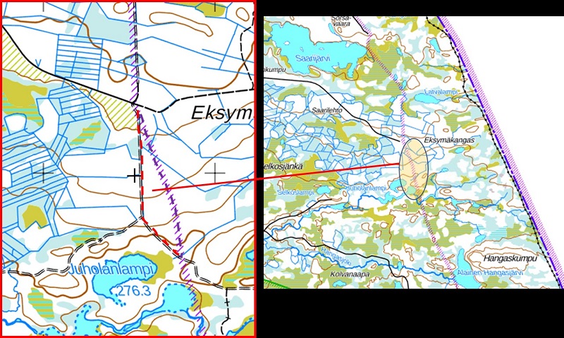 Karttakuvassa rajavyöhykkeen uusi linja Sallan kunnassa alueella Eksymäkangas.
