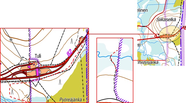 Kartbild, där gränszonens nya linje finns på området Salla kommun, Siikaselkä.