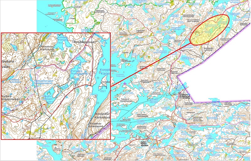 Karttakuvassa rajavyöhykkeen uusi linja Inarin kunnassa alueella Purnujärvi.
