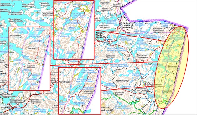 Kartbild, där gränszonens nya linje finns på området Enare kommun, Konstopää - Sähmivaara - Iso-Siikajärvi.