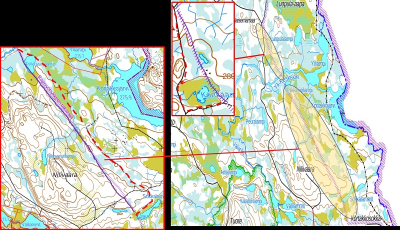 Karttakuvassa rajavyöhykkeen uusi linja Sallan kunnassa alueella Nilivaara - Haisemamaa.