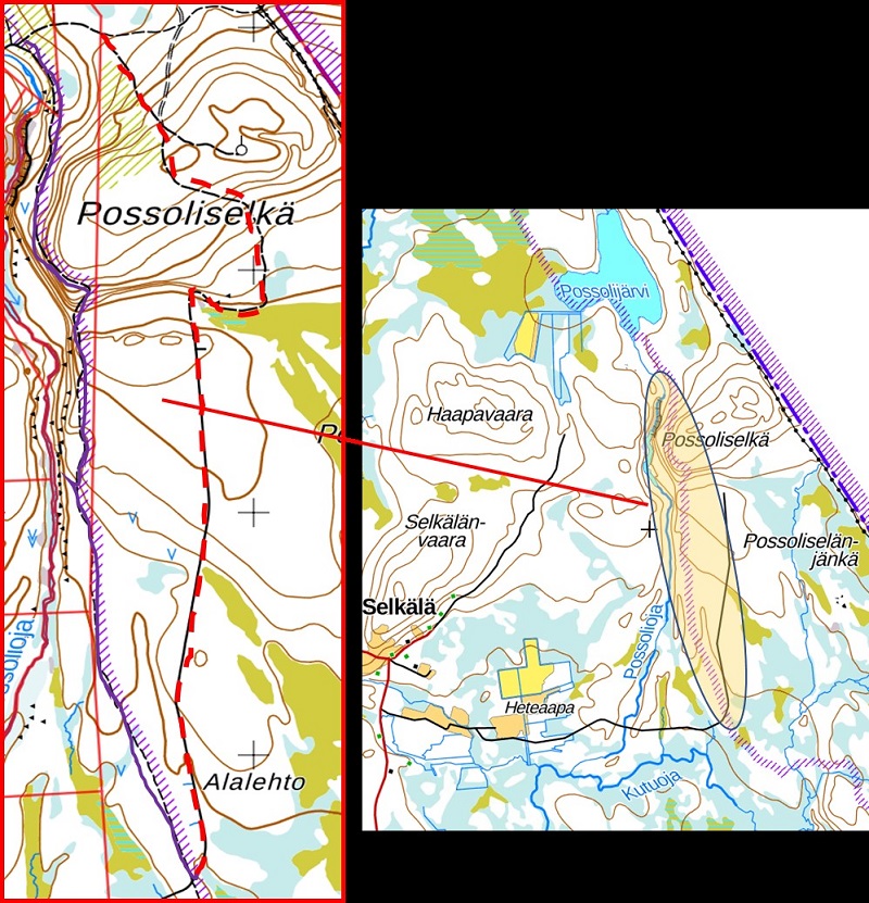 Kartbild, där gränszonens nya linje finns på området Salla kommun, Possoliselkä.