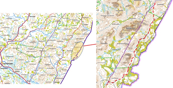 Kartbild, där gränszonens nya linje finns på området Salla kommun, Lautakotaoja - Sorsankangas.