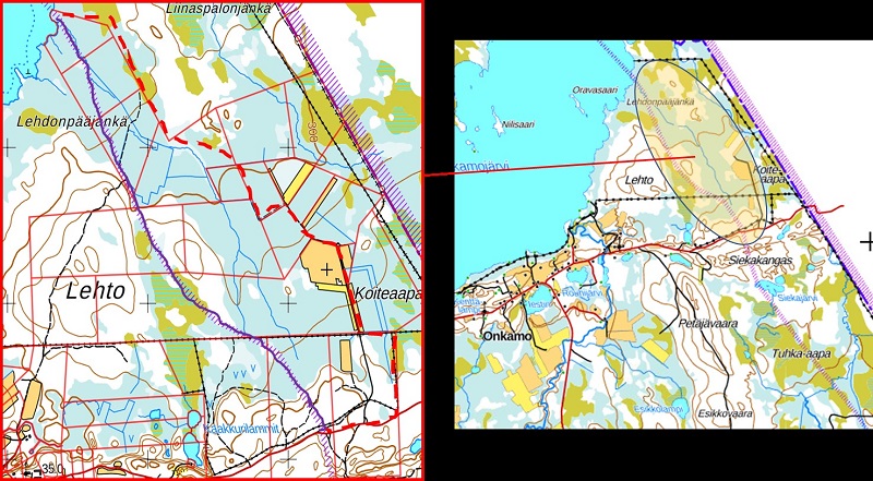 Kartbild, där gränszonens nya linje finns på området Salla kommun, Onkamo. 