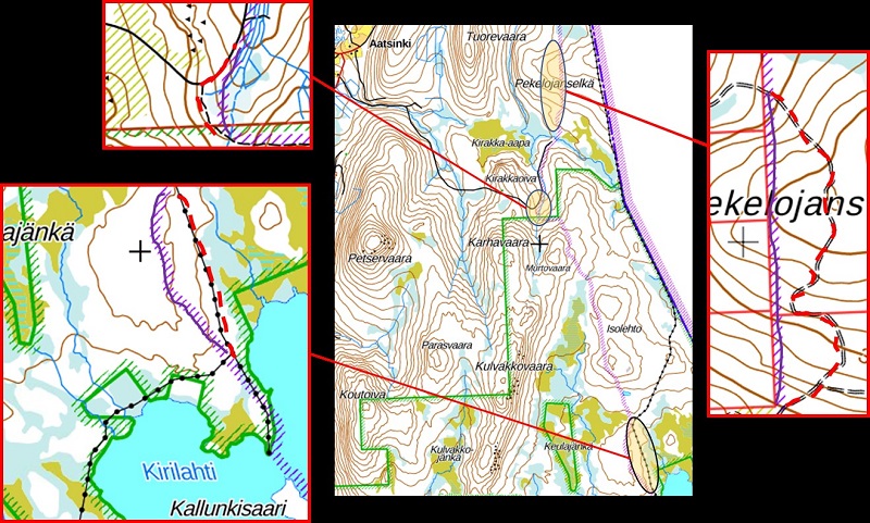 Karttakuvassa rajavyöhykkeen uusi linja Sallan kunnassa alueella Isolehto -  Pekelojanselkä.