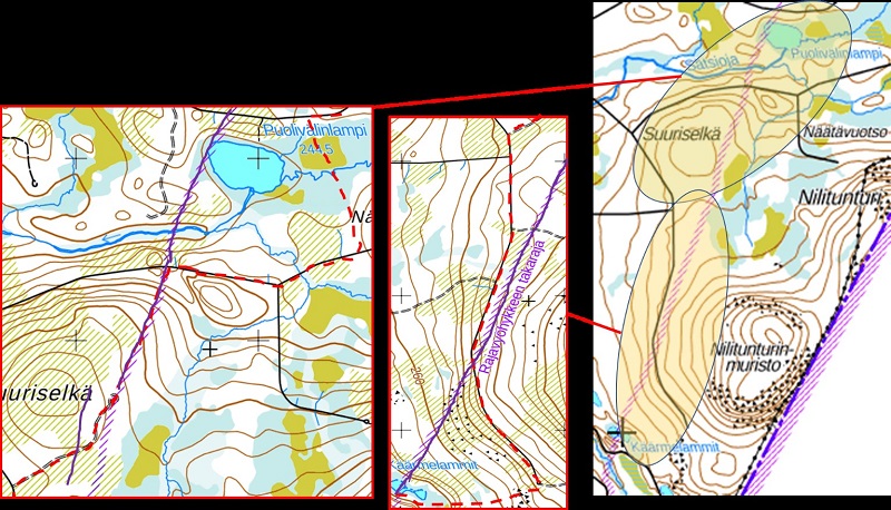 Kartbild, där gränszonens nya linje finns på området Salla kommun, Käärmelammit - Puolivälinlampi. 