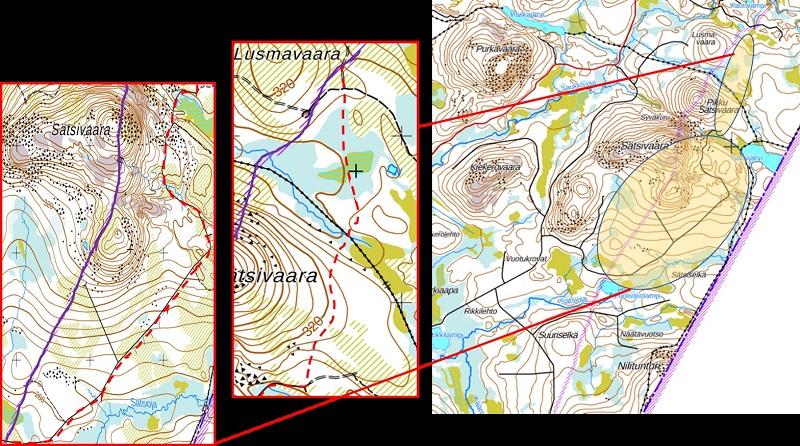 Kartbild, där gränszonens nya linje finns på området Salla kommun, Puolivälinlampi – Lusmavaara.
