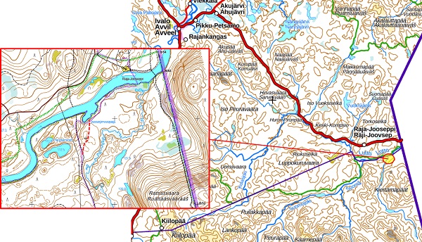 Karttakuva, jossa rajavyöhykkeen uusi linja Sodankylän&nbsp;kunnassa Luttojoen etelärannan&nbsp;alueella.&nbsp;