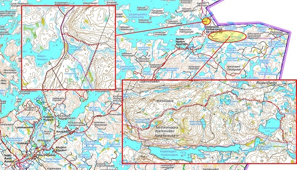 Karttakuva, jossa rajavyöhykkeen uusi linja Inarin kunnassa Virtaniemi–Nellim -alueella.