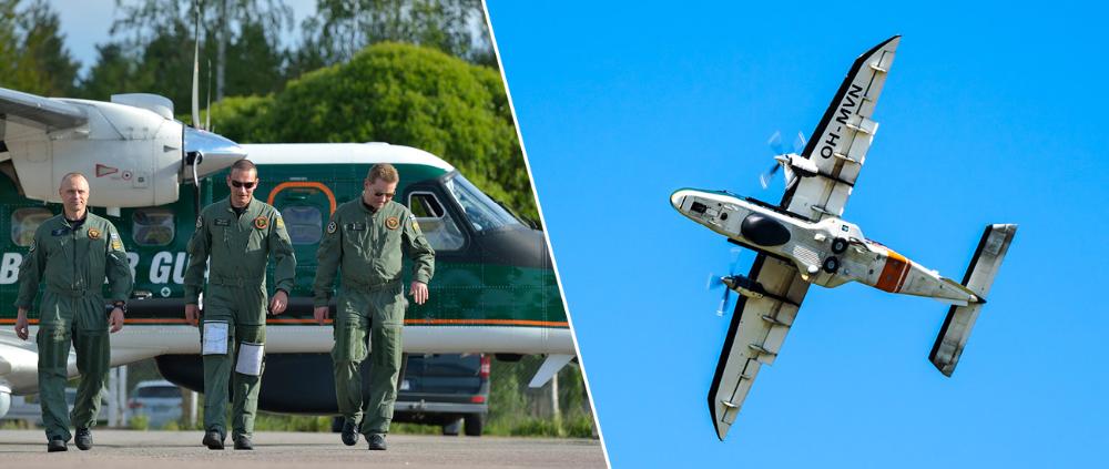 kolme lentokoneen miehistön jäsentä kävelemässä poispäin lentokoneesta vihreissä lentohaalareissa sekä lentävä lentokone kuvattuna alhaaltapäin sinistä taivasta vasten.