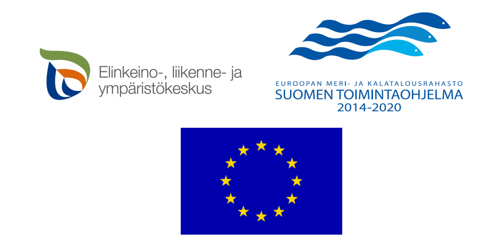 Ely-keskuksen ja Euroopan meri- ja kalatalousrahaston logot sekä EU-lippu osoittamassa hankkeen rahoittajan logoja.