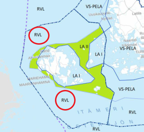 Karta över områdena för ledningsansvar vid bekämpning av fartygsoljeskador och fartygskemikalieolyckor inom Åland.