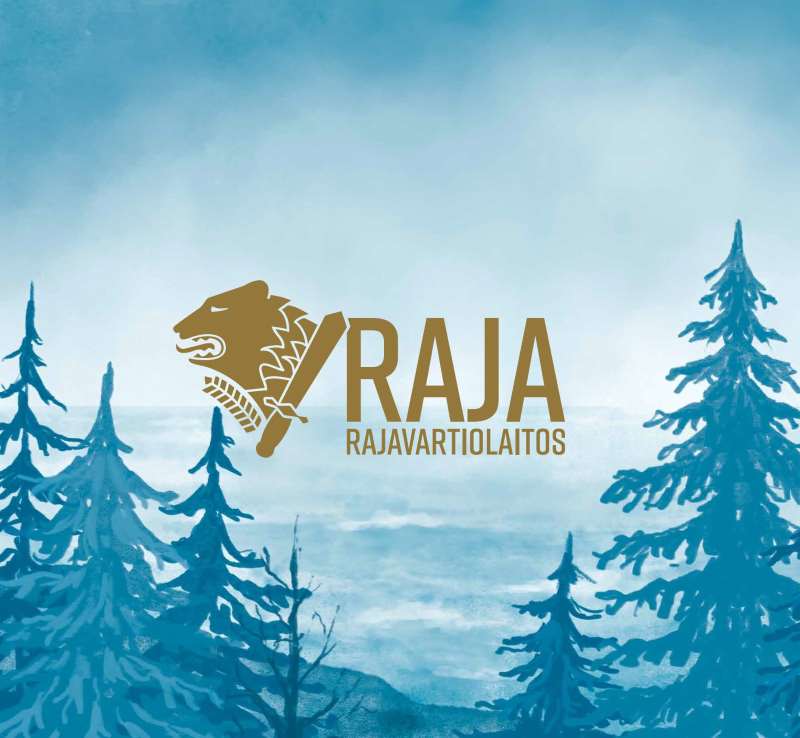 Rajavartiolaitoksen logo, taustalla talvimaisema.