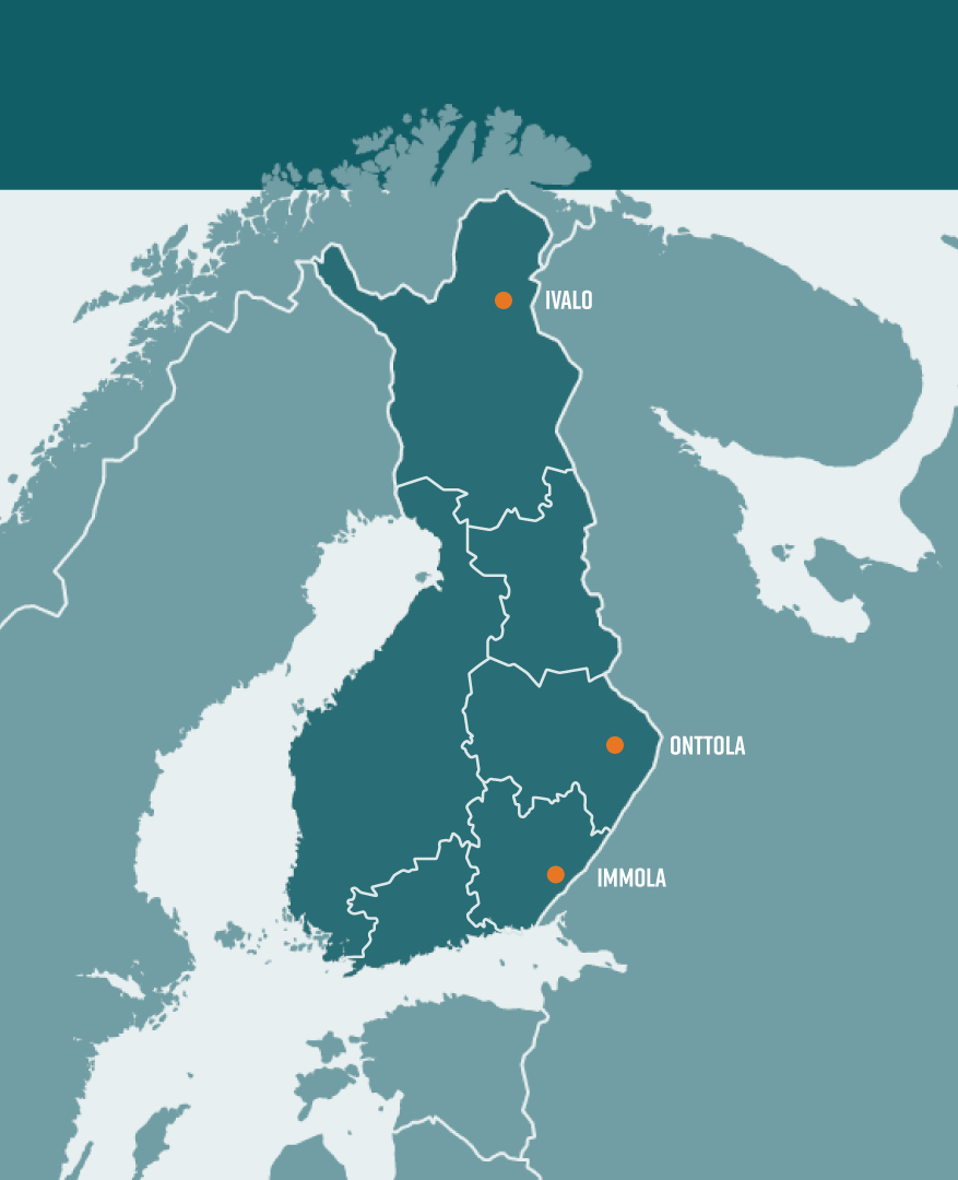 Karttakuva Suomesta, johon on merkitty Ivalon, Onttolan ja Immolan sijainnit.
