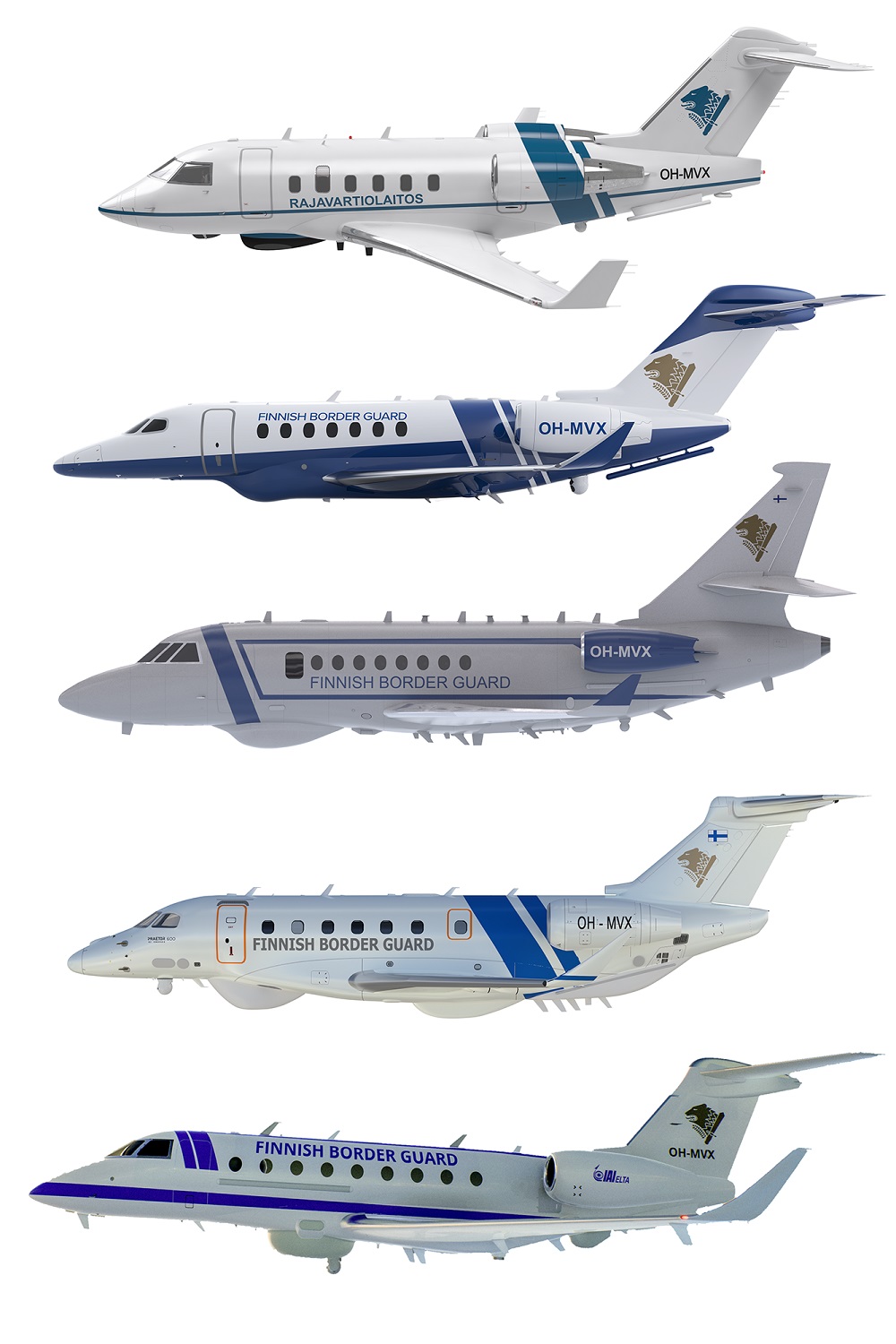Fem olika typer av jetplan under varandra, illustration.