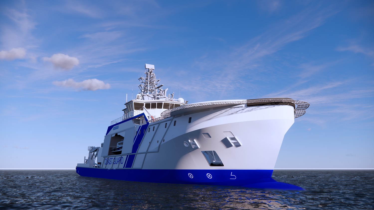 Illustration av ett stort fartyg snett nerifrån mitt i havet. På sidan av båten står det Coast Guard.